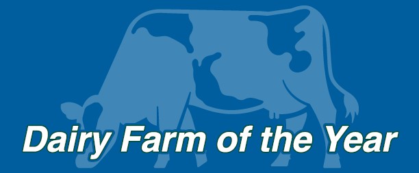 Dairy Farm of the Year logo, with white text, blue background and a white cow graphic